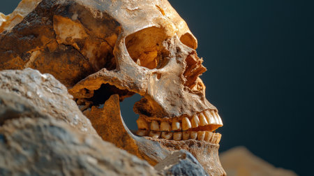 Close-up of a fossilized human skull from the Pleistocene era.の素材