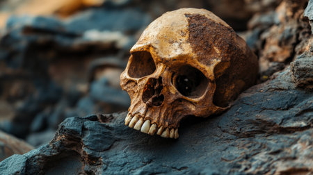 Close-up of a fossilized human skull from the Pleistocene era.の素材