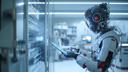 AI robot with advanced coding setup, modern industrial lab, high-quality automation visuals perfect for brandingの素材
