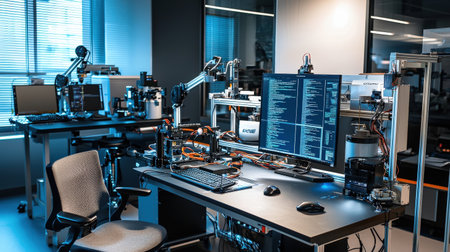 Advanced robotics setup with precision coding and tools, high-tech lab ideal for brandingの素材