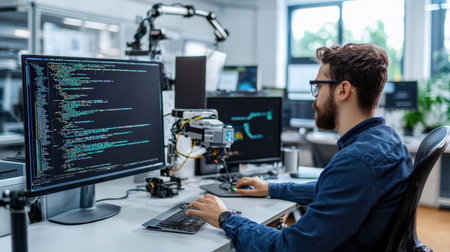 Digital coding for robotics engineer in advanced AI lab, modern workspace perfect for brandingの素材