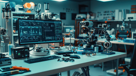 Advanced robotics setup with precision coding and tools, high-tech lab ideal for brandingの素材