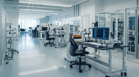 Industrial automation lab with high-end coding and robotics setup, ideal for digital brandingの素材