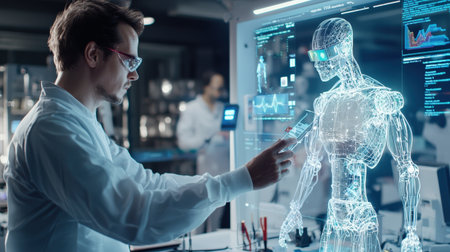 Digital coding and robotics assembly, modern interface in tech lab, perfect for tech brandingの素材