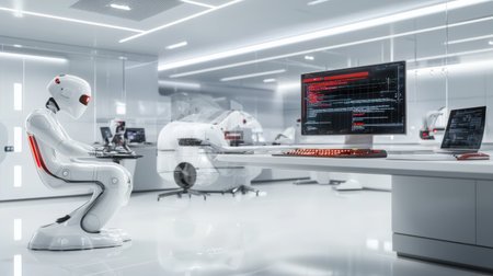 Precision programming for autonomous robot, set in advanced tech workspace, high-quality branding visualsの素材