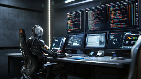 Industrial robot control in advanced workspace, featuring coding display, perfect for automation brandingの素材