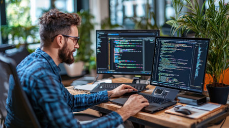 High-quality robotics technician coding in AI-powered workspace, precise automation tools ideal for brandingの素材