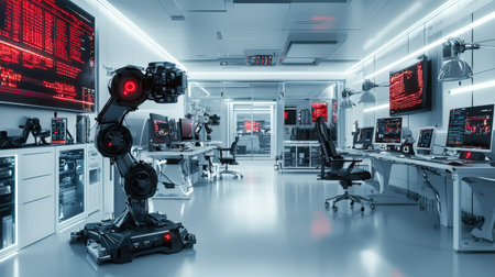 High-resolution digital coding on robotics platform, in modern tech lab, ideal for innovation visualsの素材