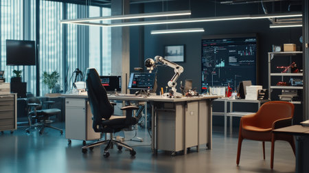 Detailed AI programming for autonomous robot, in modern tech workspace, high-quality visualsの素材