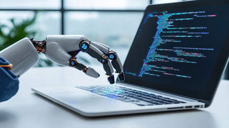 Close-up on robotic technician coding in a high-tech AI lab, perfect for showcasing automation and innovationの素材