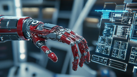 Robotic arm detail shot, advanced AI workspace, ideal for tech innovation brandingの素材