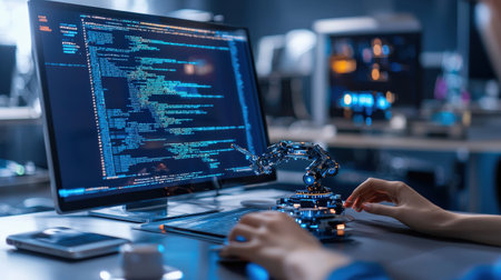 High-resolution digital coding on robotics platform, in modern tech lab, ideal for innovation visualsの素材