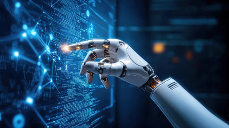 Industrial automation space with robotic precision engineering, featuring digital coding interfaceの素材