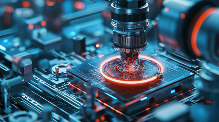 Robotic sensors in action, close-up on modern AI setup in smart factory, ideal for innovation brandingの素材