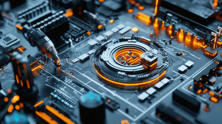 Autonomous robot assembly in AI-powered workspace, close-up on coding tools, perfect for brandingの素材