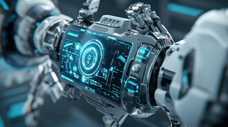 Futuristic AI robot display, with high-quality tech tools and programming screen, ideal for automation brandingの素材