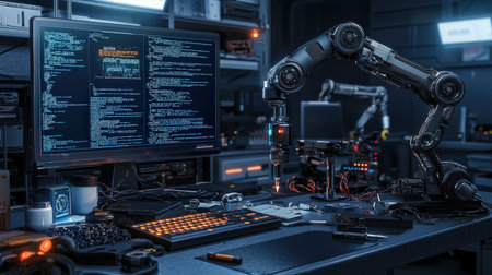 Industrial automation setup with robotic arm, featuring coding interface, ideal for tech brandingの素材