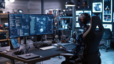 Robot coding algorithms displayed on a screen in AI-powered industrial setup, modern and ideal for tech solutions brandingの素材