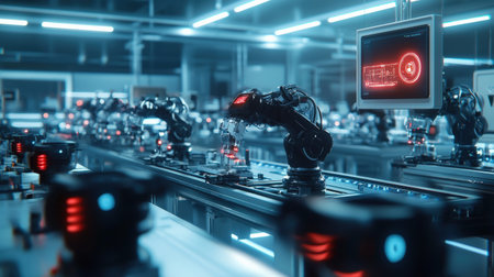 AI-driven robotic assembly line in tech lab, showcasing innovation and modern automation, ideal for tech brandingの素材