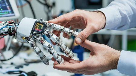 Close-up of a robotics engineer programming an advanced AI robot, hands on coding interface, ideal for tech innovation and industrial automation brandingの素材