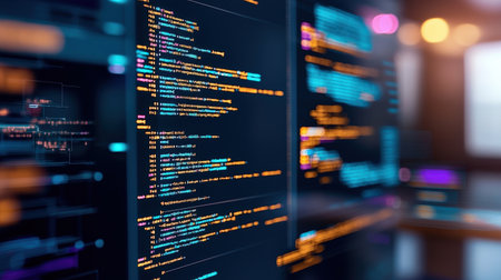 Digital programming screen showing robotic code, an interface for AI robot development, perfect for tech and industrial solutions brandingの素材