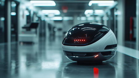 Autonomous AI-powered robot with a sleek design, set in a futuristic robotics lab, perfect for high-end tech innovation brandingの素材
