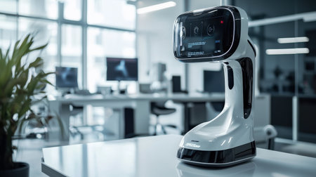 Autonomous AI-powered robot with a sleek design, set in a futuristic robotics lab, perfect for high-end tech innovation brandingの素材