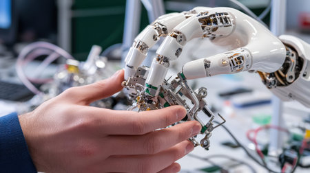 Robot technician assembling robot parts, close-up on hands and components, ideal for showcasing advanced robotics engineeringの素材