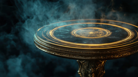 Vintage round table on a dark background with smoke. 3d renderingの素材