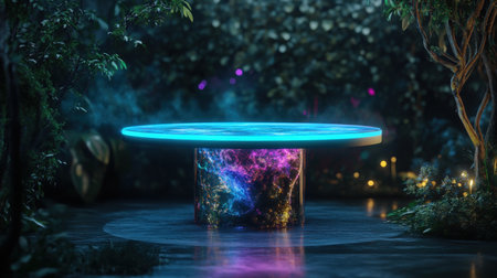 3d render, abstract background, round pedestal in the forestの素材