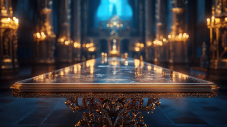 Empty table in front of the gothic church. 3d renderingの素材