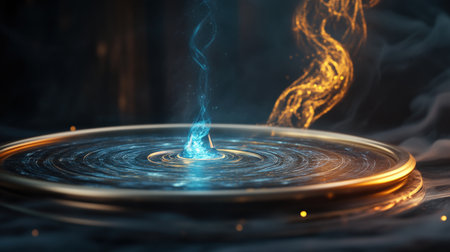 Flaming water drops on the surface of a round plate.の素材