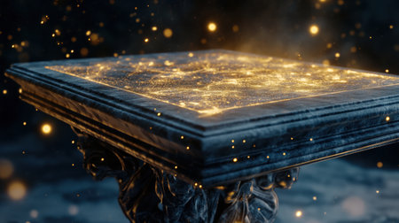 Magic book with gold glittering magic bokeh background. 3D renderingの素材