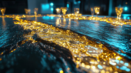 Wedding table decoration with golden and blue lights bokehの素材