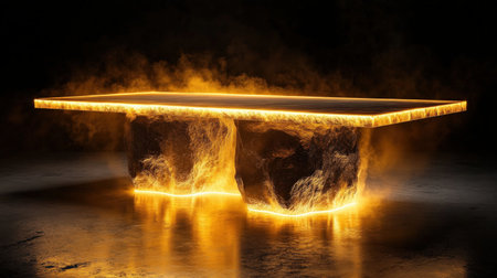futuristic table with fire and smoke on black background. 3d renderingの素材