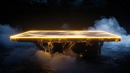 Mystical podium on empty mockup over a magic table. gold neon tonesの素材