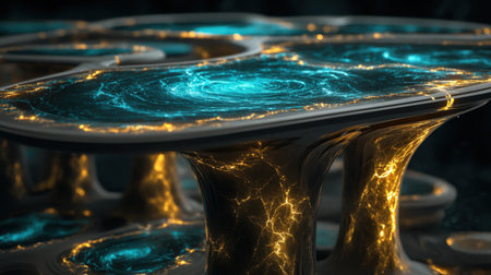 Mystical podium on empty mockup over a magic table. gold neon tonesの素材