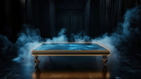 Mystical podium on empty mockup over a magic table. gold neon tonesの素材