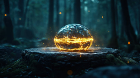 Mystical podium on empty mockup over a magic table. gold neon tonesの素材