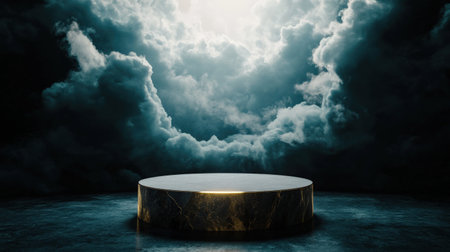 Mystical podium on empty mockup over a magic table. gold neon tonesの素材