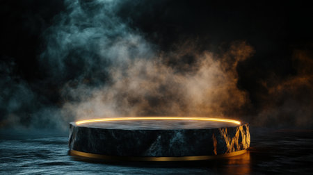 Mystical podium on empty mockup over a magic table. gold neon tonesの素材