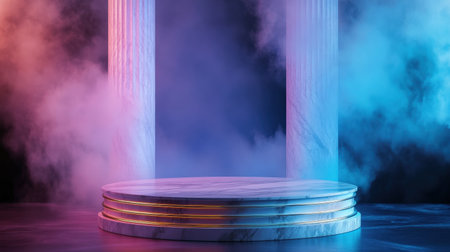 Mystical podium on empty mockup over a magic table. gold neon tonesの素材