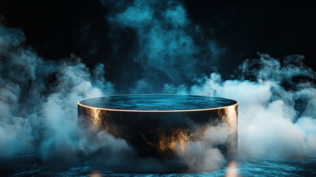 Mystical podium on empty mockup over a magic table. gold neon tonesの素材