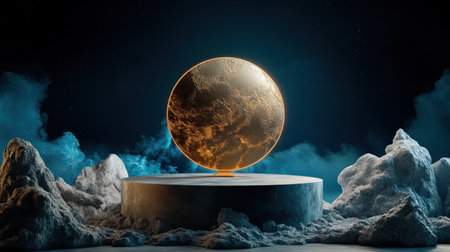 Mystical podium on empty mockup over a magic table. gold neon tonesの素材