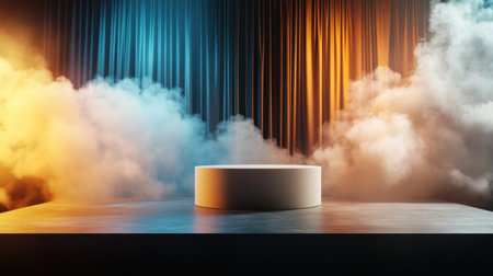 Mystical podium on empty mockup over a magic table. gold neon tonesの素材