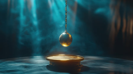 Mystical pendulum on a chain swings over a magic table. gold neon tones --ar 16:9 --personalize jaydbm9 --v 6.1 Job ID: 7b0ffa91-c1e7-4191-89be-9148e6464890の素材