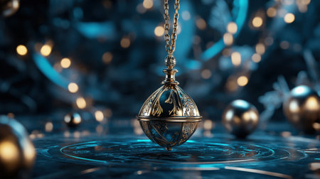 Mystical pendulum on a chain swings over a magic table. gold neon tones --ar 16:9 --personalize jaydbm9 --v 6.1 Job ID: 02db35bb-d7ff-4c55-9145-ecd2fe131f5aの素材