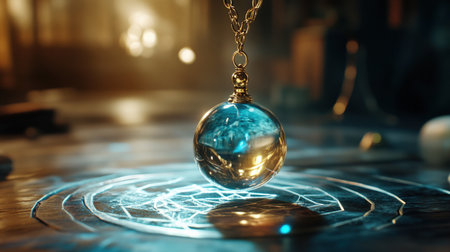 Mystical pendulum on a chain swings over a magic table. gold neon tones --ar 16:9 --personalize jaydbm9 --v 6.1 Job ID: bf196781-125f-42bb-a927-6b561bb8bd38の素材