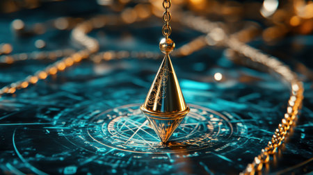 Mystical pendulum on a chain swings over a magic table. gold neon tones --ar 16:9 --personalize jaydbm9 --v 6.1 Job ID: 8f53f26a-0318-475d-8864-b1507e589f46の素材