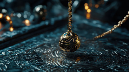 Mystical pendulum on a chain swings over a magic table. gold neon tones --ar 16:9 --personalize jaydbm9 --v 6.1 Job ID: d145dcfb-08d3-4904-a932-8d008f1d3bddの素材